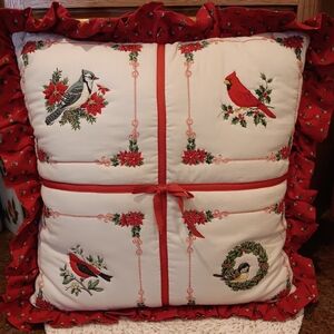 Vintage 90's Handmade Cardinal/Blue Bird Holiday Pillow. 16" X 16"